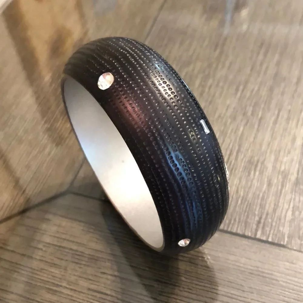 Vintage Black Textured Acrylic Bangle with Cut Glass Rhinestones 9”, approx